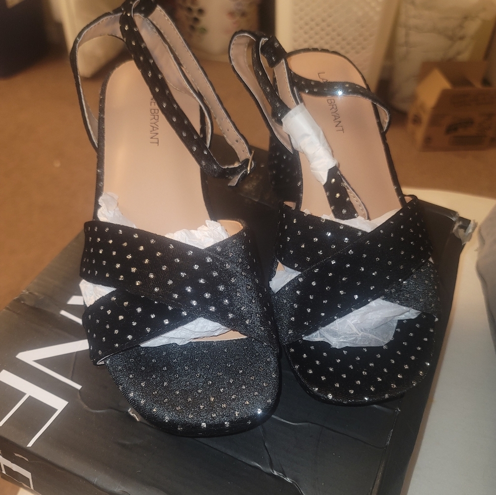 Lane Bryant,size 9 Wide,Block-Heel Sandal  Velvet, Metallic polka dot